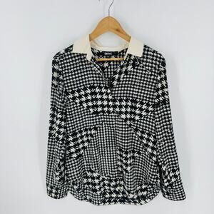 DKNY Silk Blend Houndstooth Blouse Black‎ White Contrast Collar Size Small